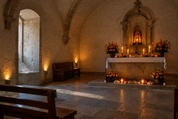Marigold altar in an Oaxaca courtyard