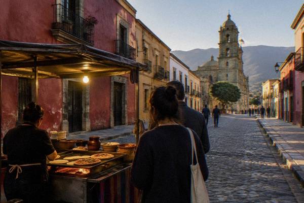 Street food stall lit at night in Oaxaca