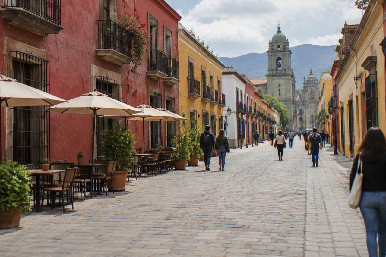 A narrow pedestrian street in Oaxaca City with colourful facades and people walking