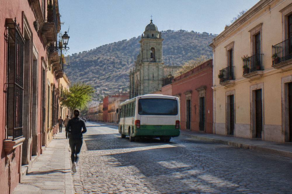 A green-and-white city bus on a street in Oaxaca with hills behind