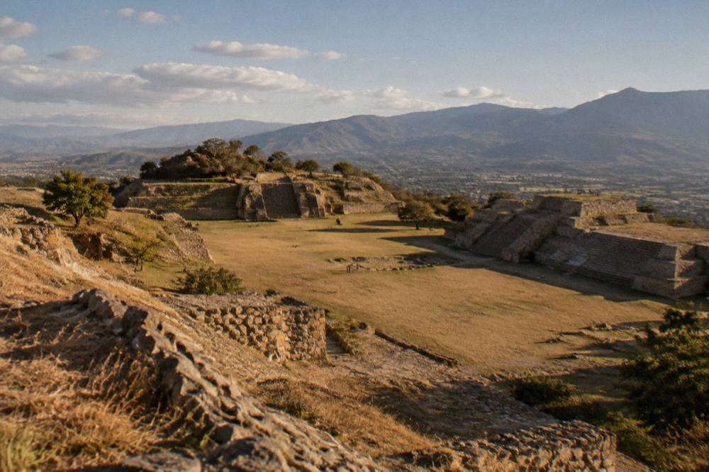 The stone walls and terraces of the Monte Albán archaeological site on a hilltop
