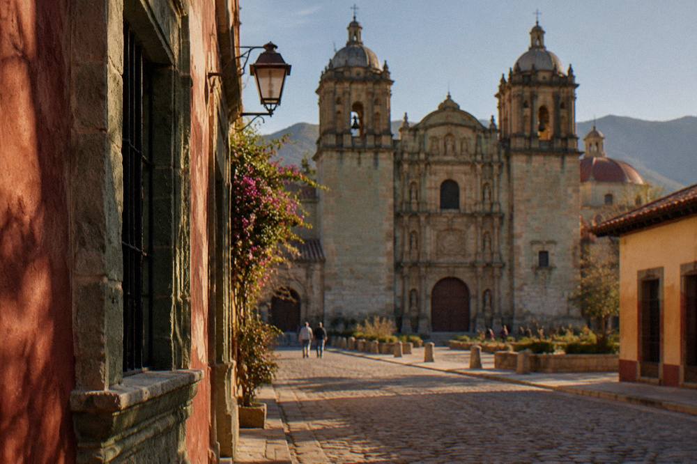 The Temple of Santo Domingo de Guzmán seen from a street in central Oaxaca
