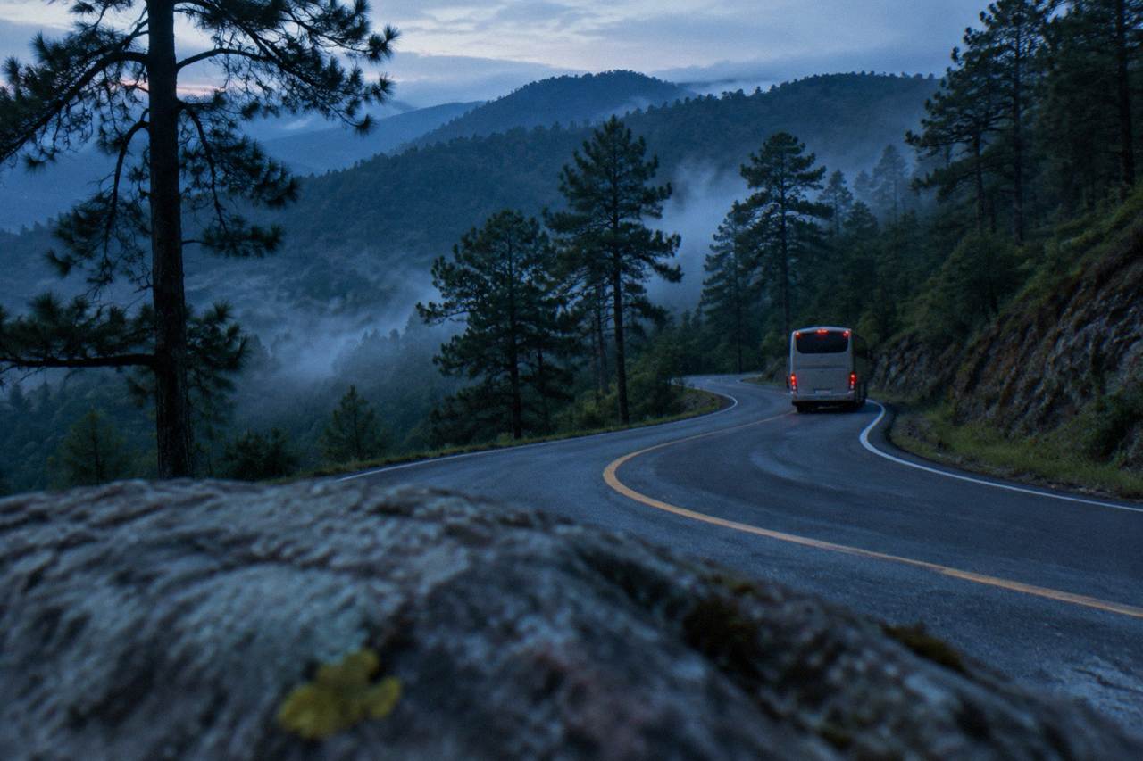 A long distance bus travelling on a winding mountain highway between green hills