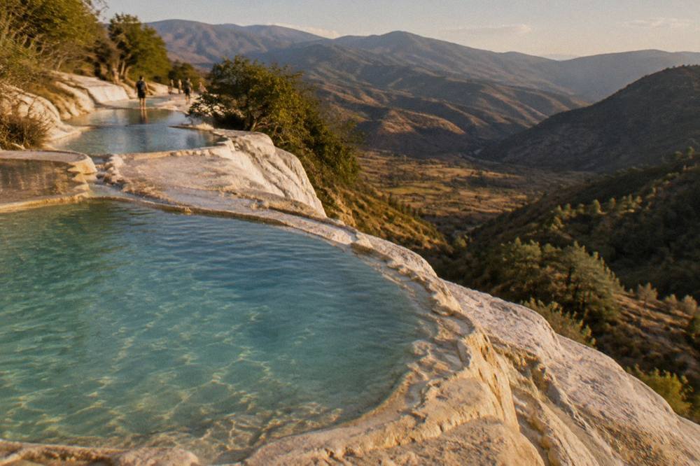 Terraced stone water channels at Hierve el Agua above the Tlacolula valley