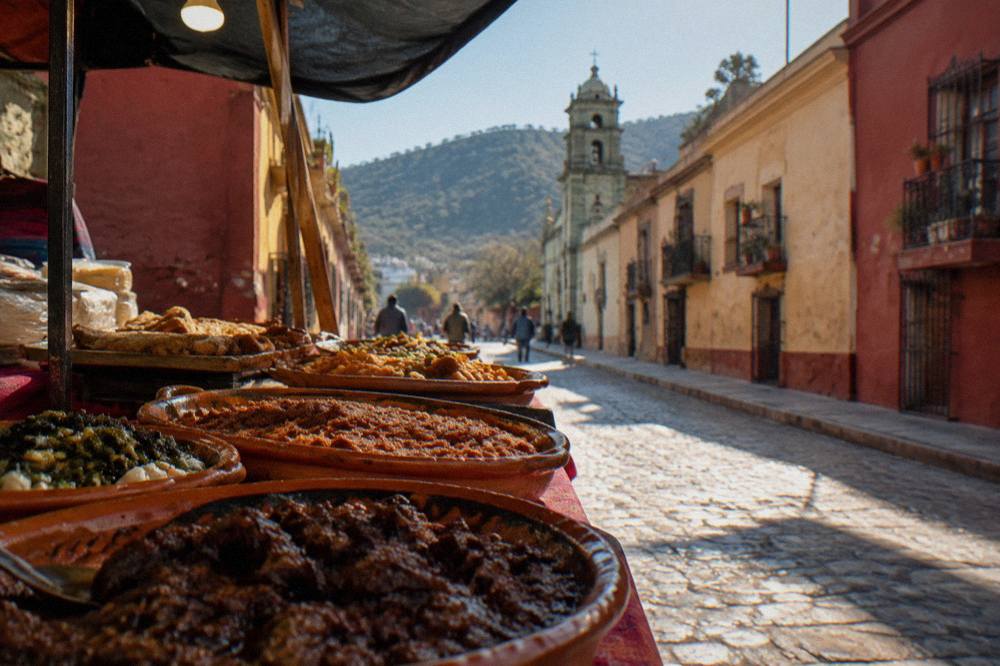 A stall in a Oaxaca market displaying trays of prepared regional dishes under warm lighting