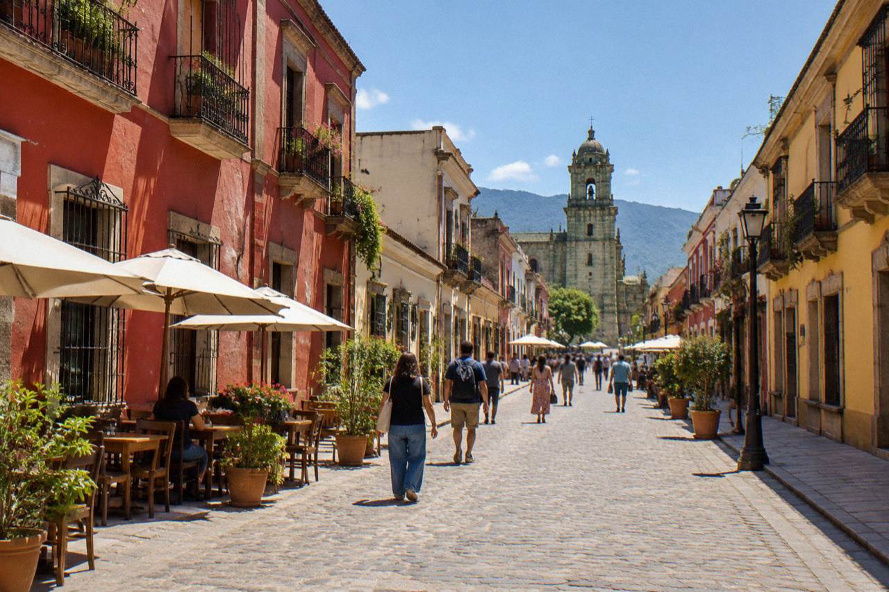 A busy pedestrian street in Oaxaca City with colonial facades and shoppers in the late afternoon