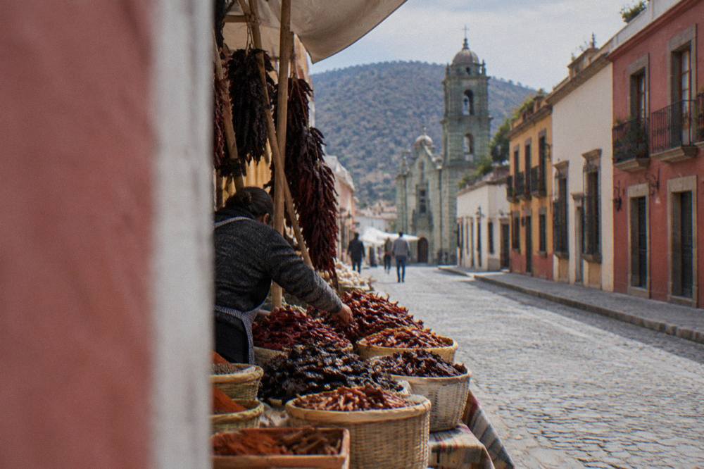 A vendor arranging chillies and spices at an outdoor market stall in Oaxaca