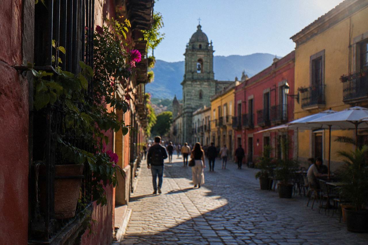 A narrow pedestrian street in central Oaxaca with painted facades and people walking
