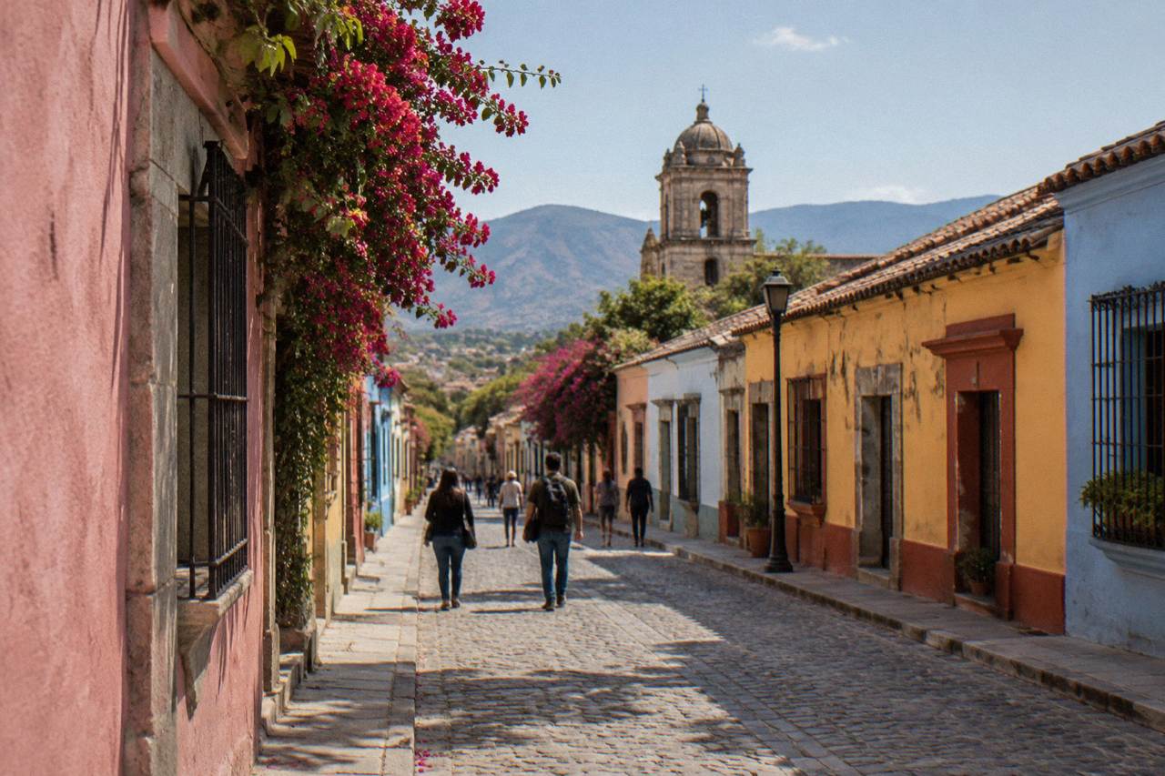 A quiet colonial street in Oaxaca City with painted facades and people walking in the evening