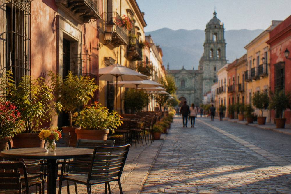 The Andador Macedonio Alcalá pedestrian street in Oaxaca City with its stone paving and colonial buildings