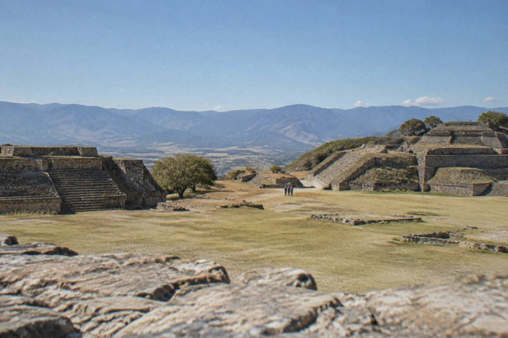 Stone terraces of the Monte Albán archaeological site above the Oaxaca valley