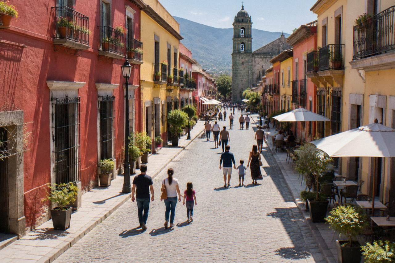 Families walking a colourful pedestrian street in Oaxaca City with colonial buildings around them
