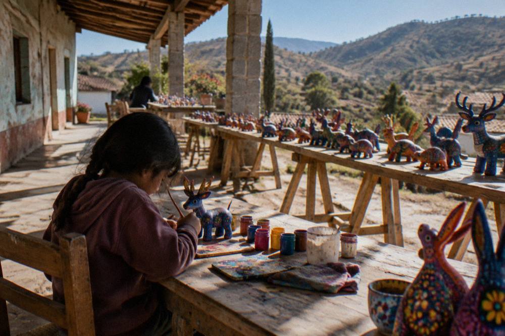 A child painting a small colourful alebrije figure at a craft workshop table