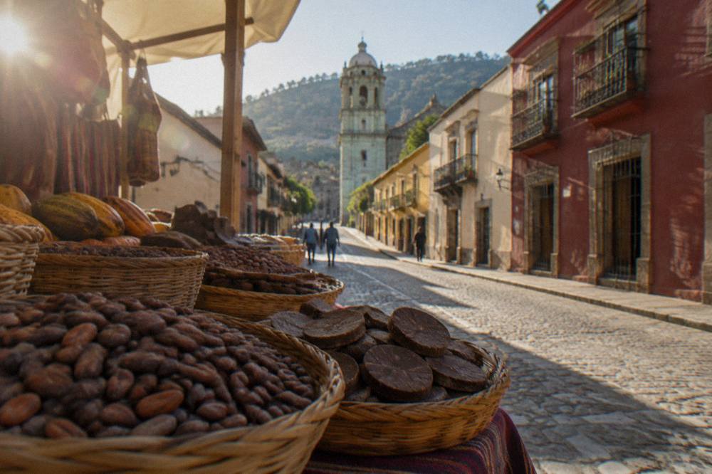 A market stall in Oaxaca with cacao beans and chocolate discs displayed in baskets