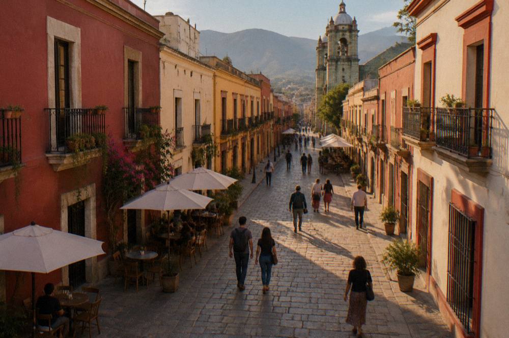 Visitors walking on the pedestrian Andador Macedonio Alcalá in Oaxaca City in the evening
