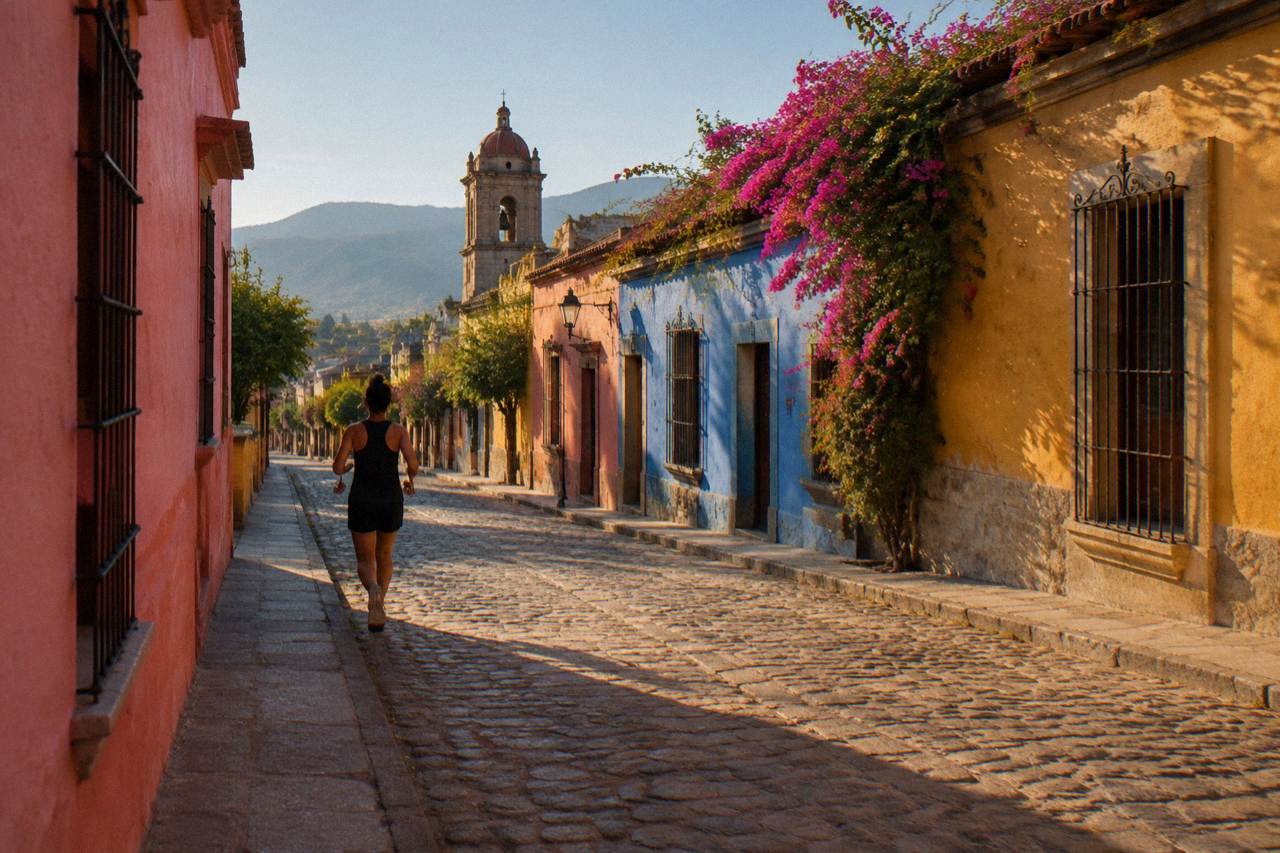 A colonial street in Oaxaca City with colourfully painted facades under afternoon light