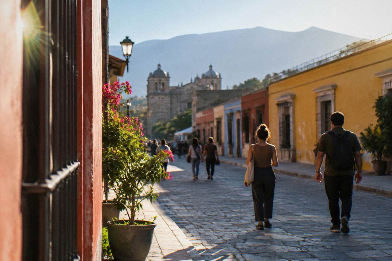 People walking on a colonial street in Oaxaca City with colorful building facades