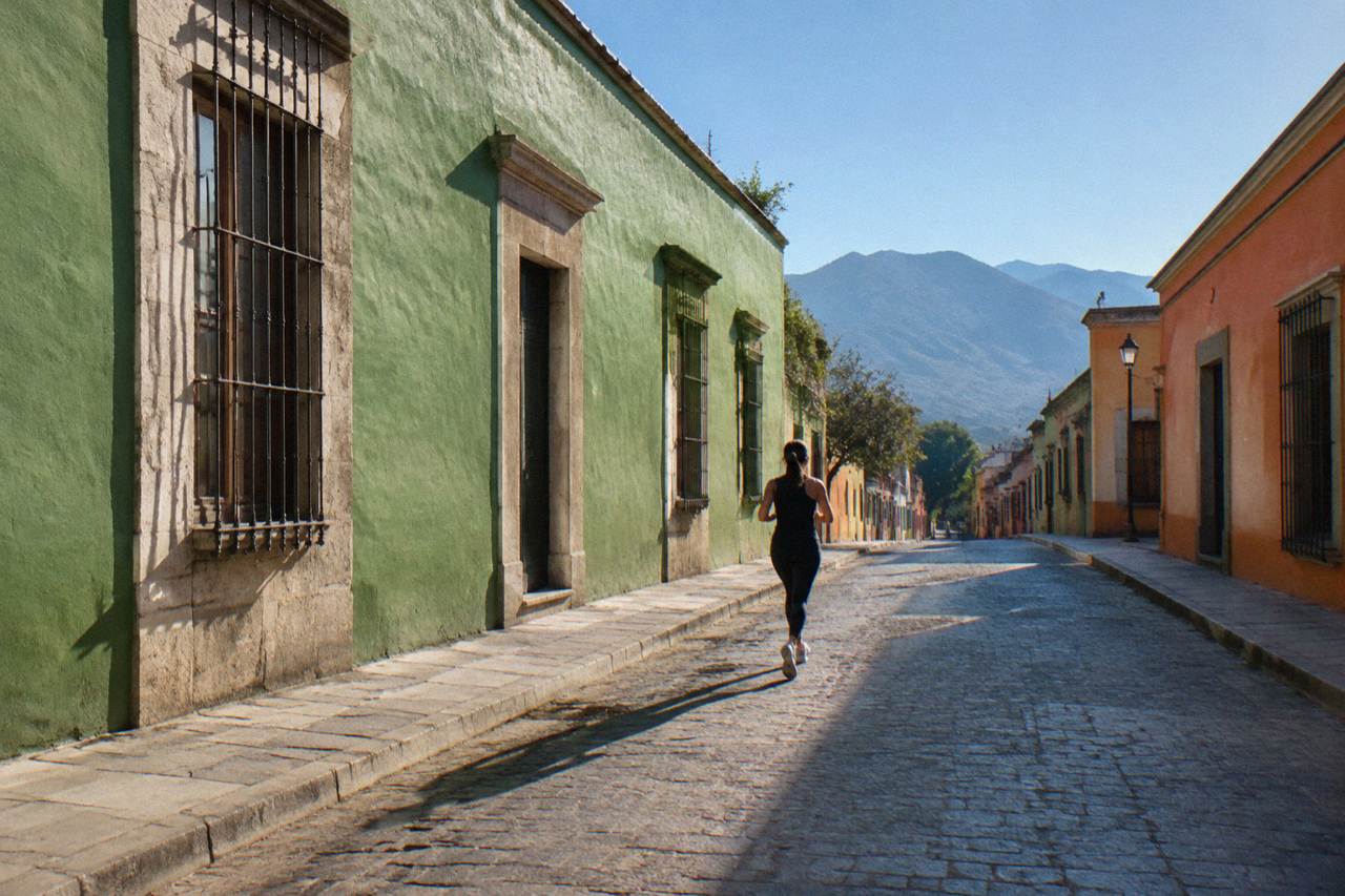 A quiet Oaxaca City street with green and orange painted buildings under a clear morning sky