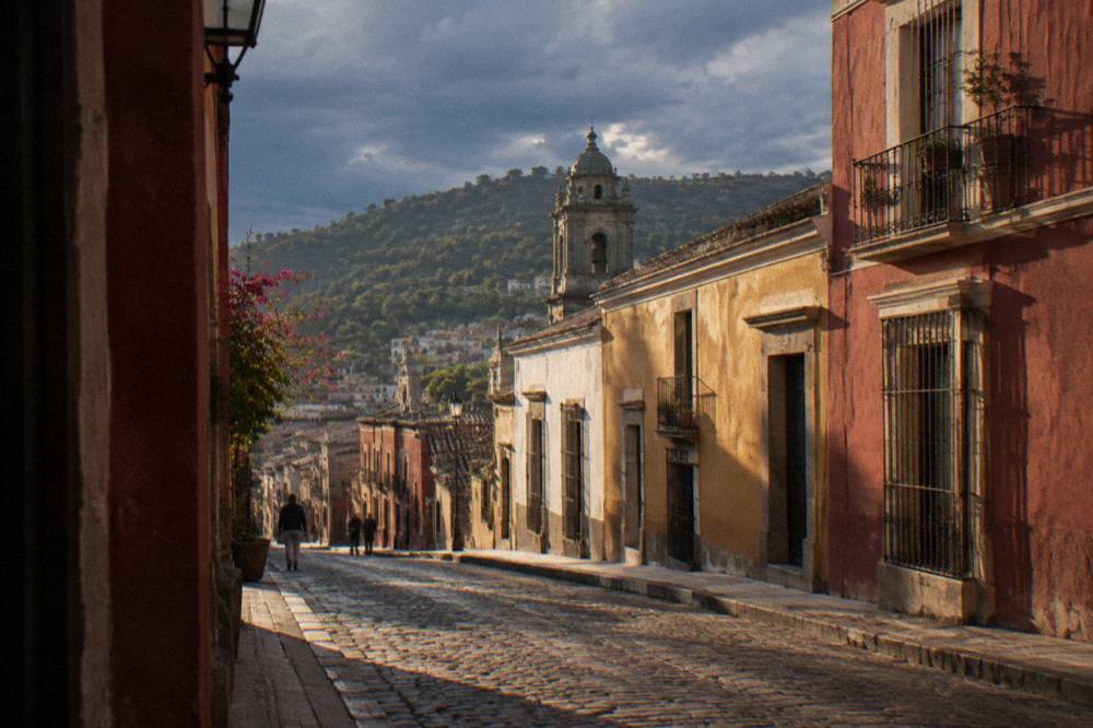 Rain clouds gathering over terracotta rooftops and green hills around Oaxaca City in late afternoon