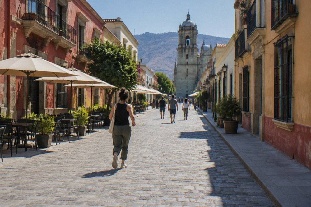 Visitors walking on the pedestrian street toward Santo Domingo church in Oaxaca City