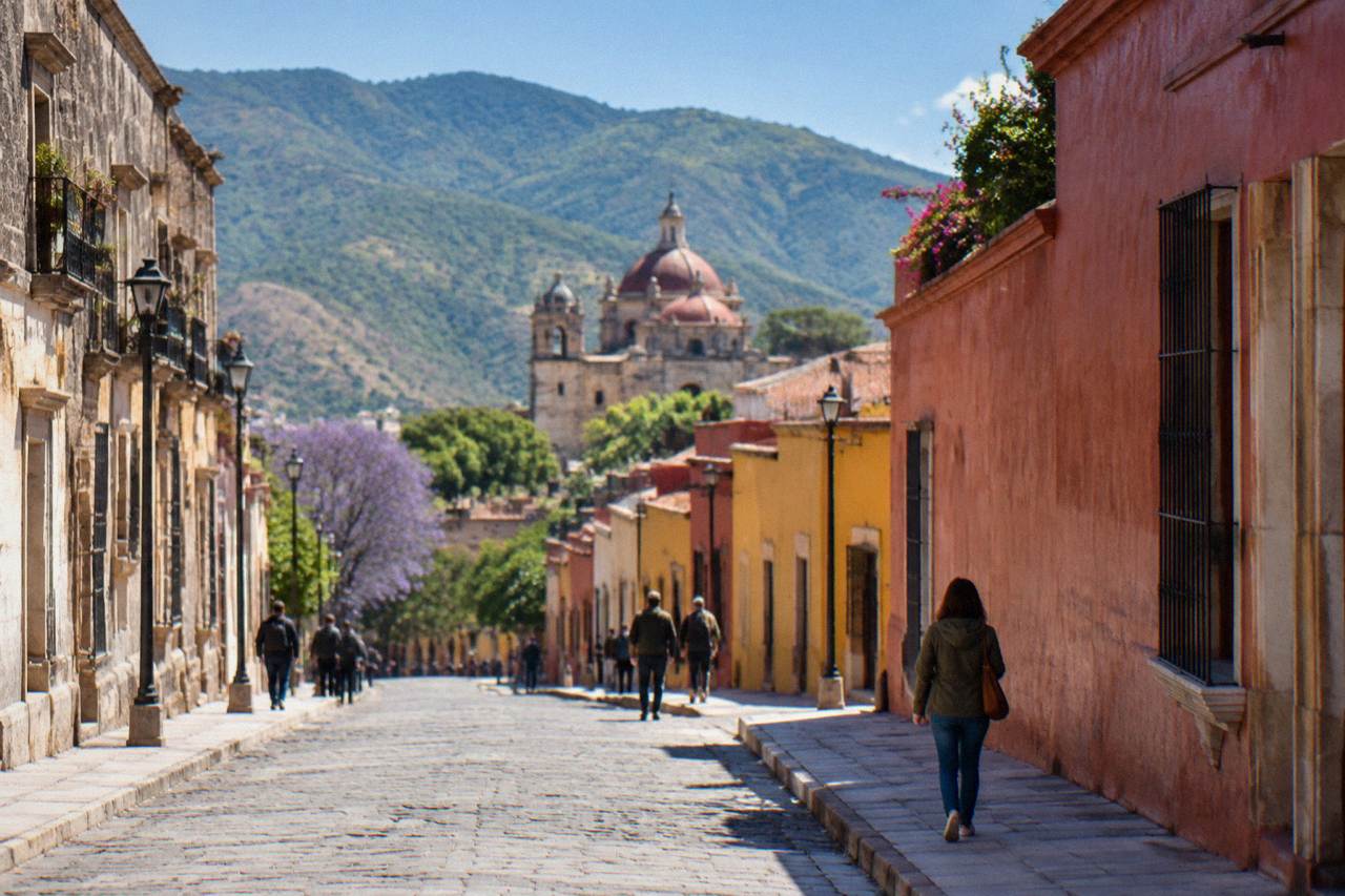 A sunny street in Oaxaca City with colonial buildings under a clear blue sky