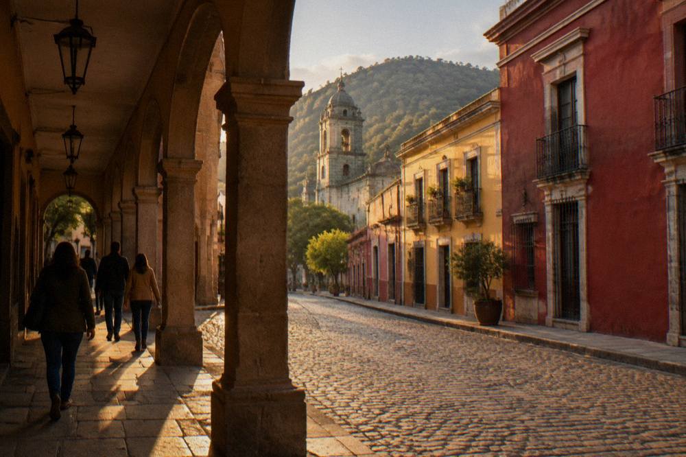 Visitors in light jackets walking along a colonial arcade in Oaxaca City in the evening