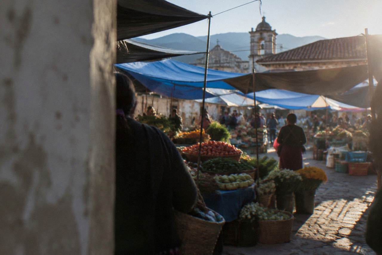 Vendors and shoppers under the awnings of a busy outdoor market in a Mexican valley town