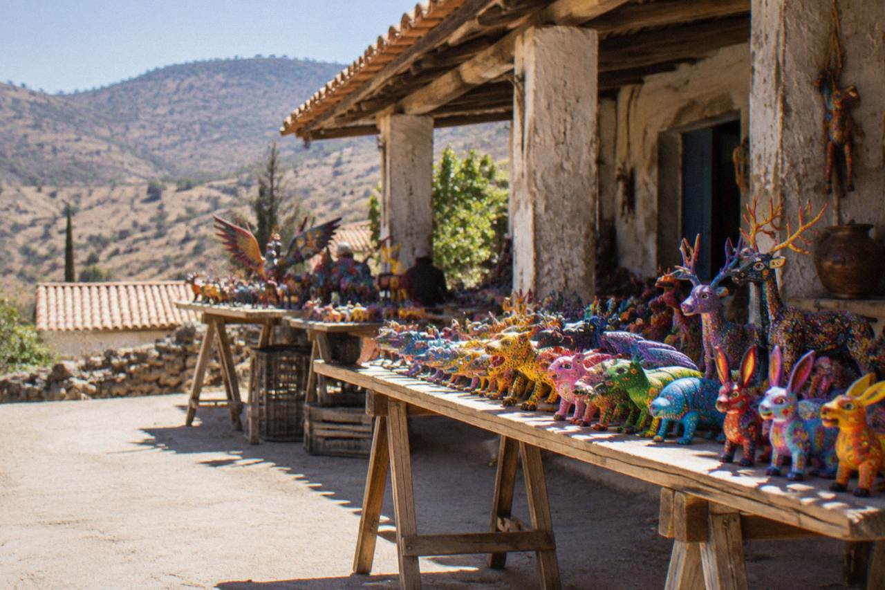 Colourful painted alebrije figures displayed on a market stall in Oaxaca