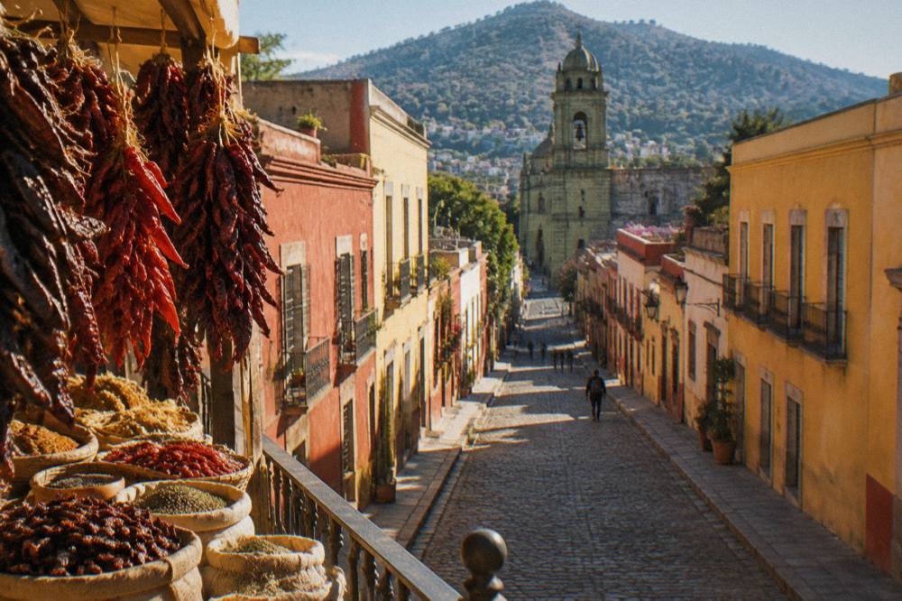 Bundles of dried chiles and bags of spices on a market stall in Oaxaca