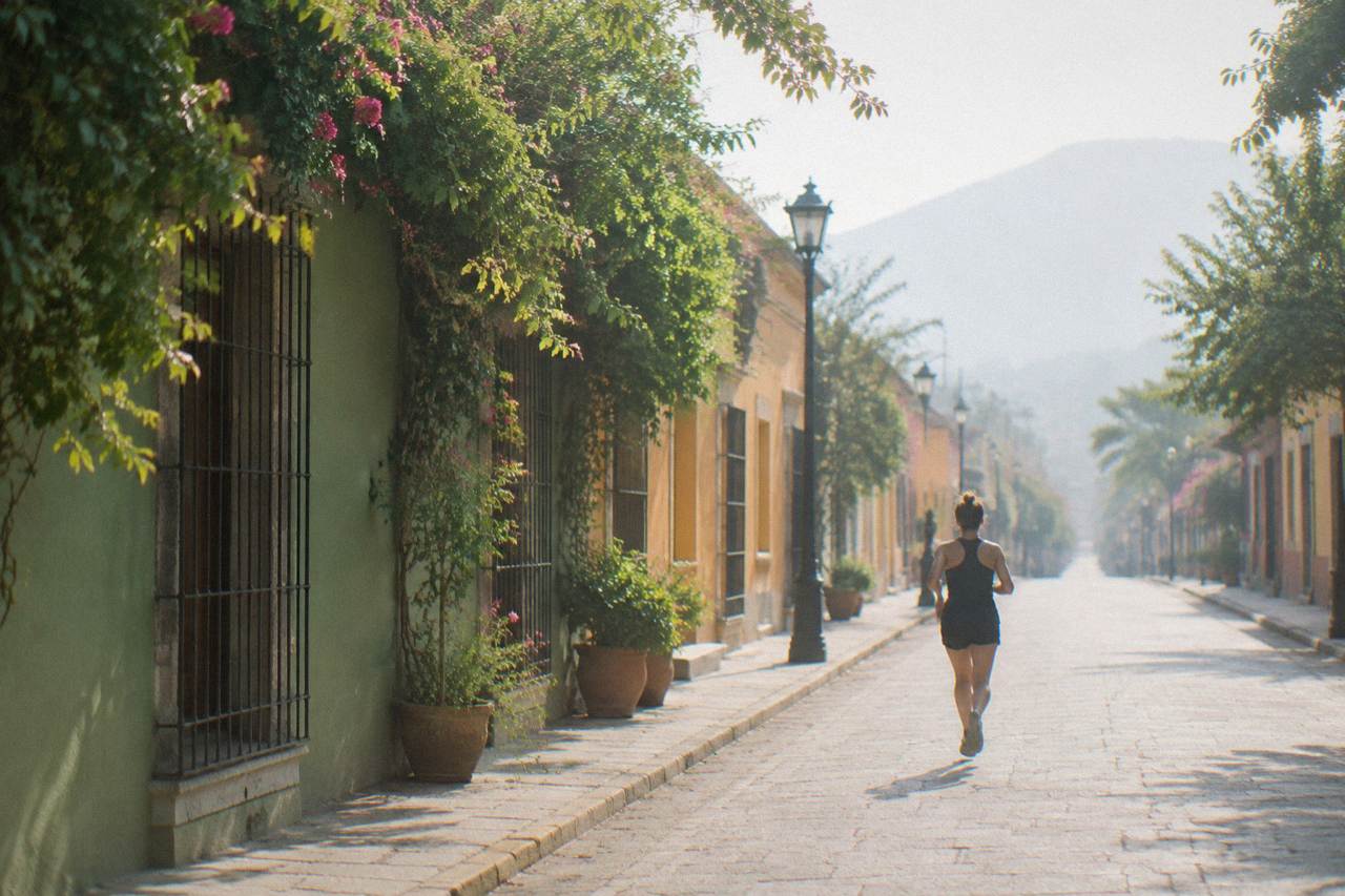 Colourful colonial street with green and ochre buildings in the historic centre of Oaxaca City