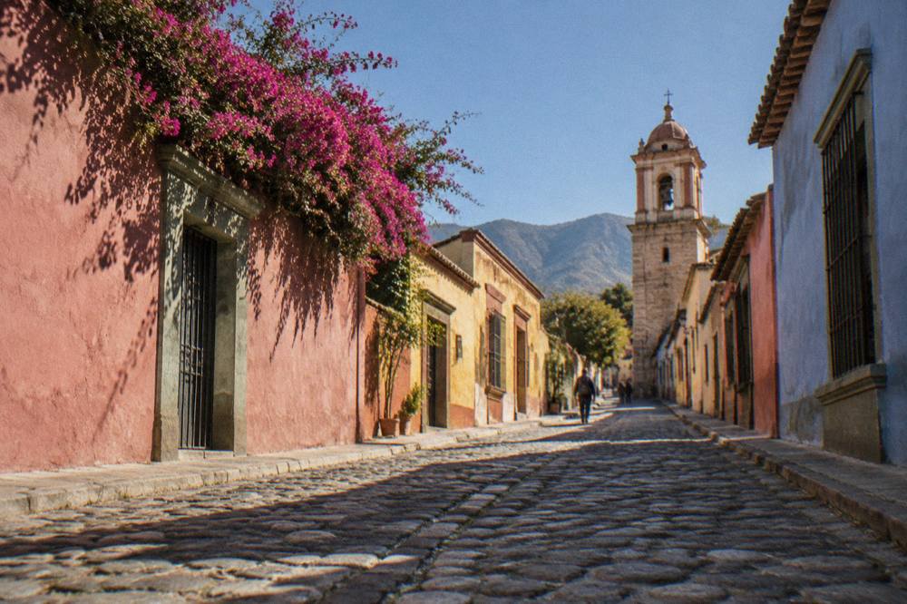 Quiet cobbled street with painted walls in the Jalatlaco neighbourhood of Oaxaca City