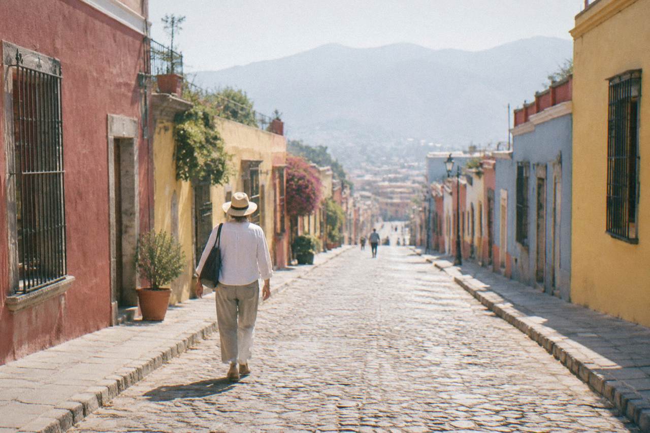 A person in a light shirt and sun hat walking a cobbled street of colorful buildings in Oaxaca City