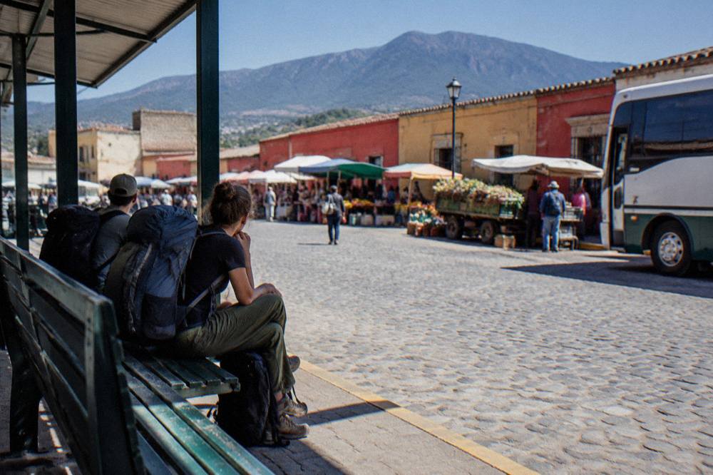 Travellers with backpacks waiting on a bench beside a bus terminal in a Mexican highland city