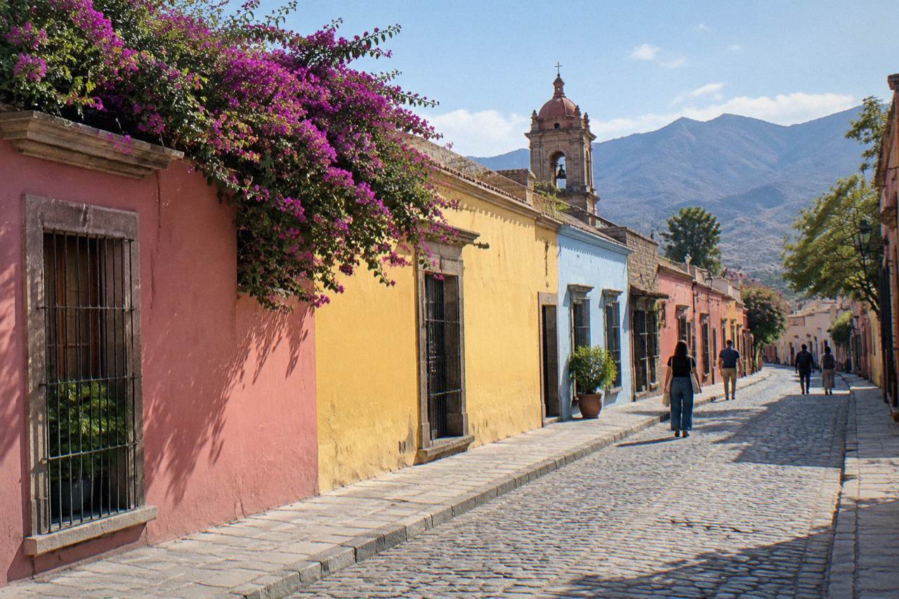 A quiet colonial street in Oaxaca City with colourfully painted facades and people walking in daylight