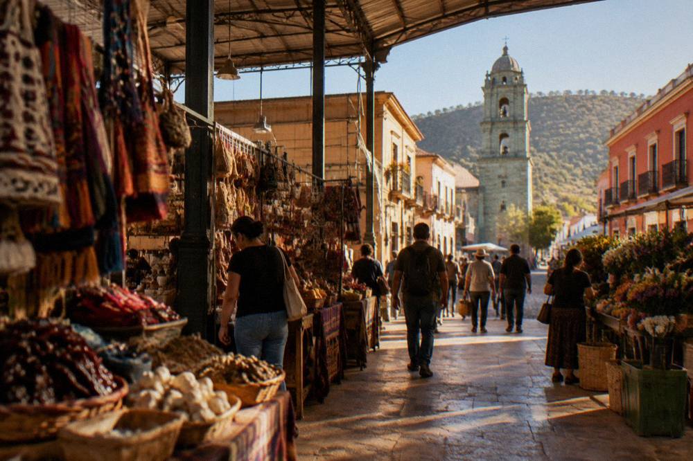People browsing a covered market hall in Oaxaca City among stalls of food and crafts