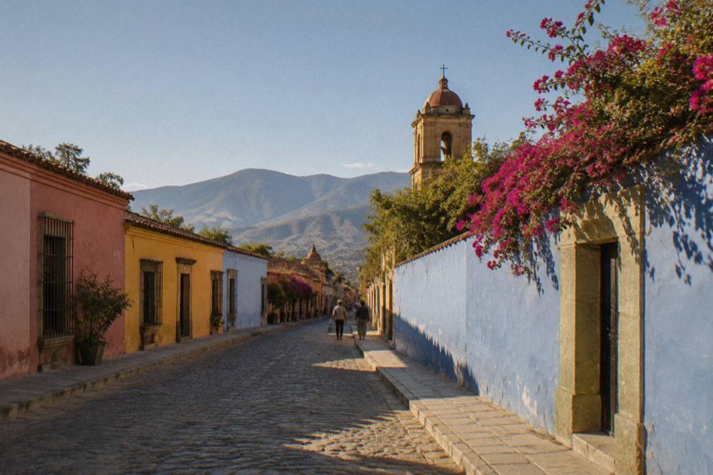 A blue painted wall with a large mural on a corner in Jalatlaco, Oaxaca City