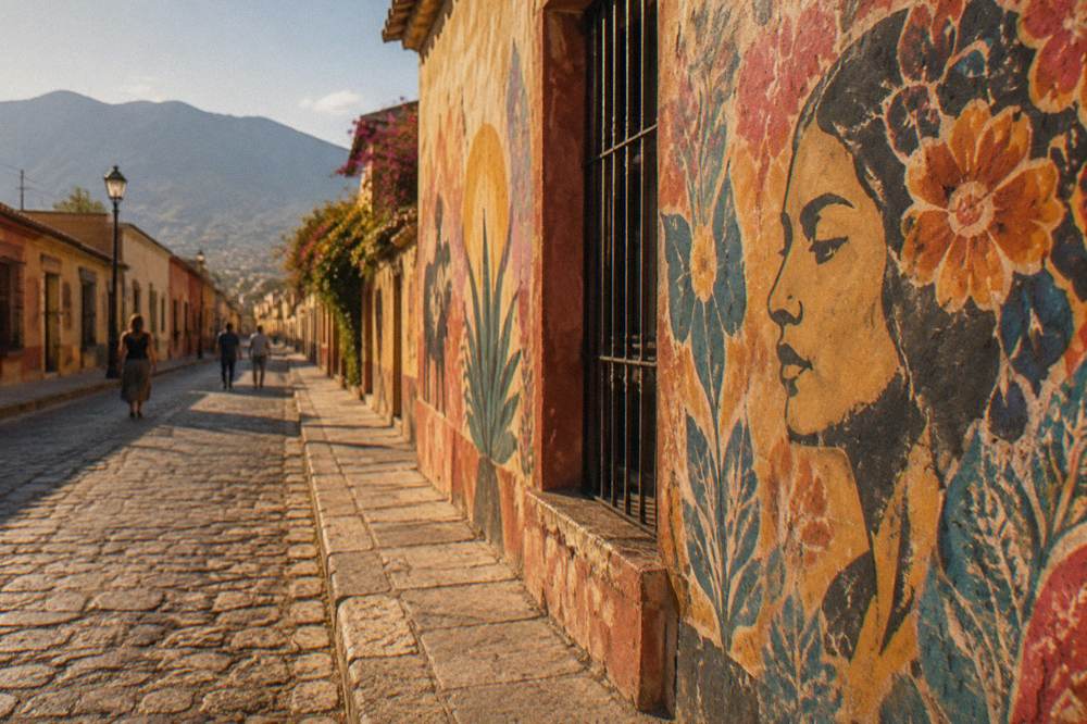 A wall of layered stencil and mural street art beside a cobbled street in Oaxaca City