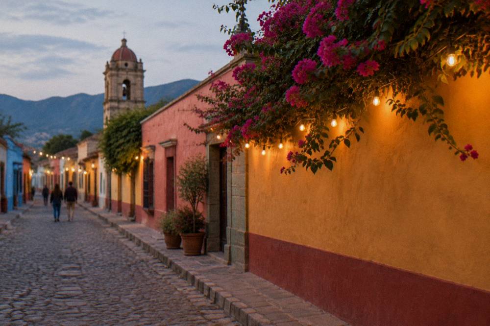 An evening street scene in Jalatlaco, Oaxaca City, with lights above a painted wall