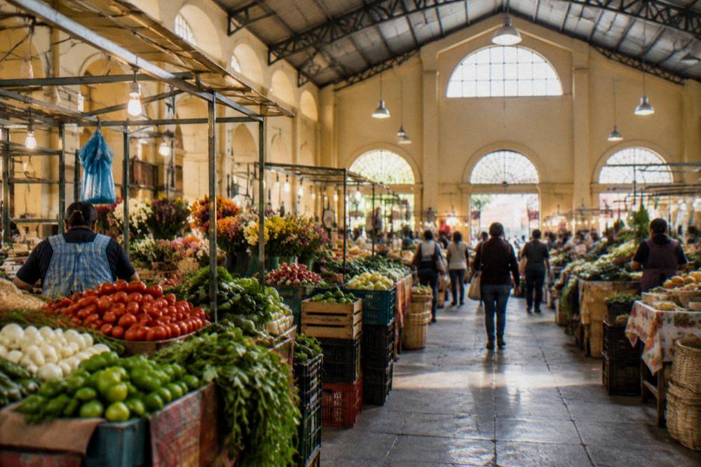 A market hall interior in Oaxaca City with produce stalls and vendors under warm lights
