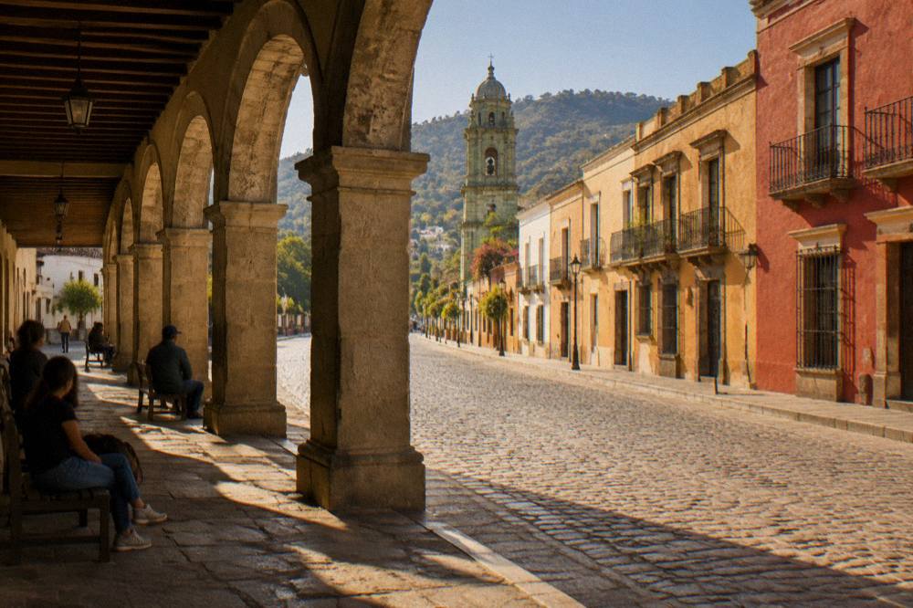 A sunlit colonial arcade in Oaxaca City with stone arches and people resting in the shade