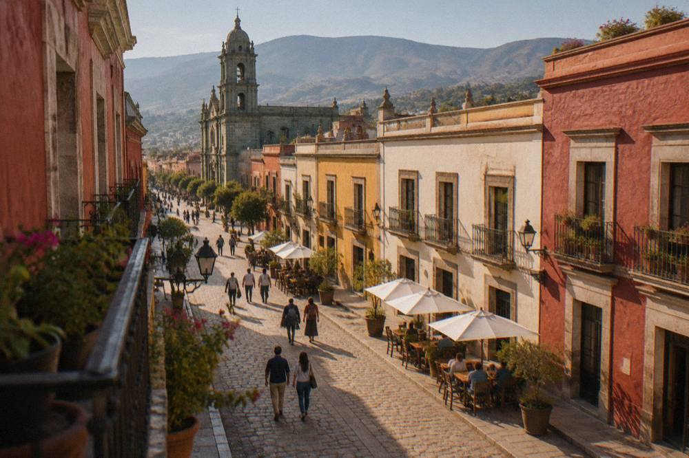 Visitors walking a pedestrian street lined with buildings in central Oaxaca City