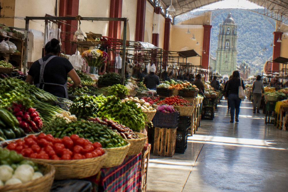 A market hall in Oaxaca City with produce stalls and vendors at work