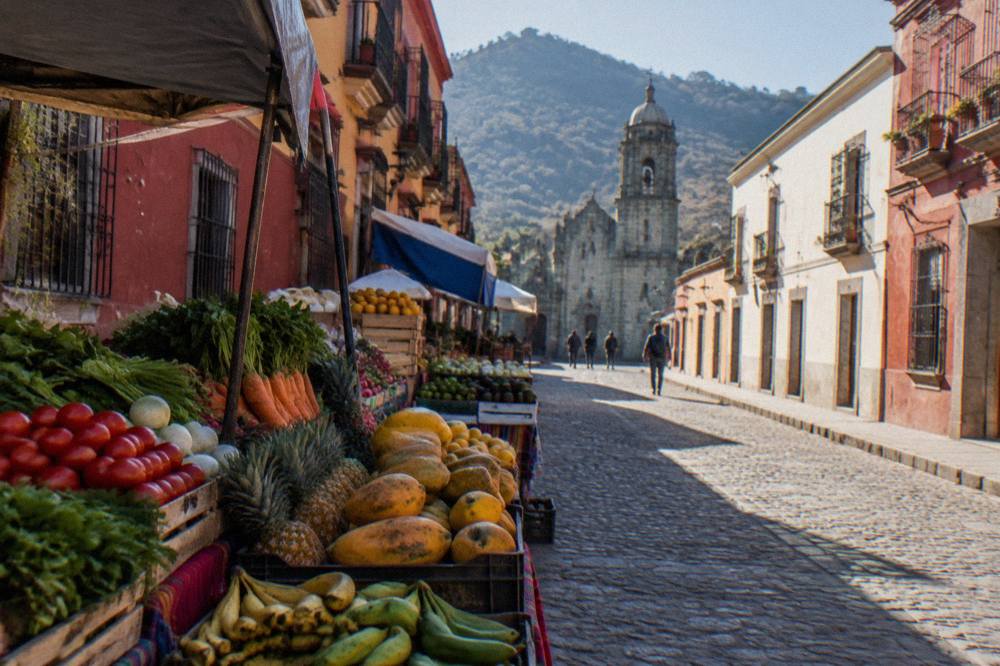 Rows of fresh vegetables and tropical fruit piled on a market stall in southern Oaxaca City