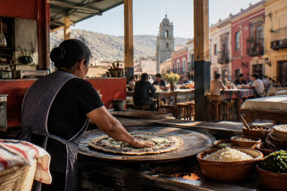 A cook pressing a large tlayuda on a hot comal inside a market comedor in Oaxaca