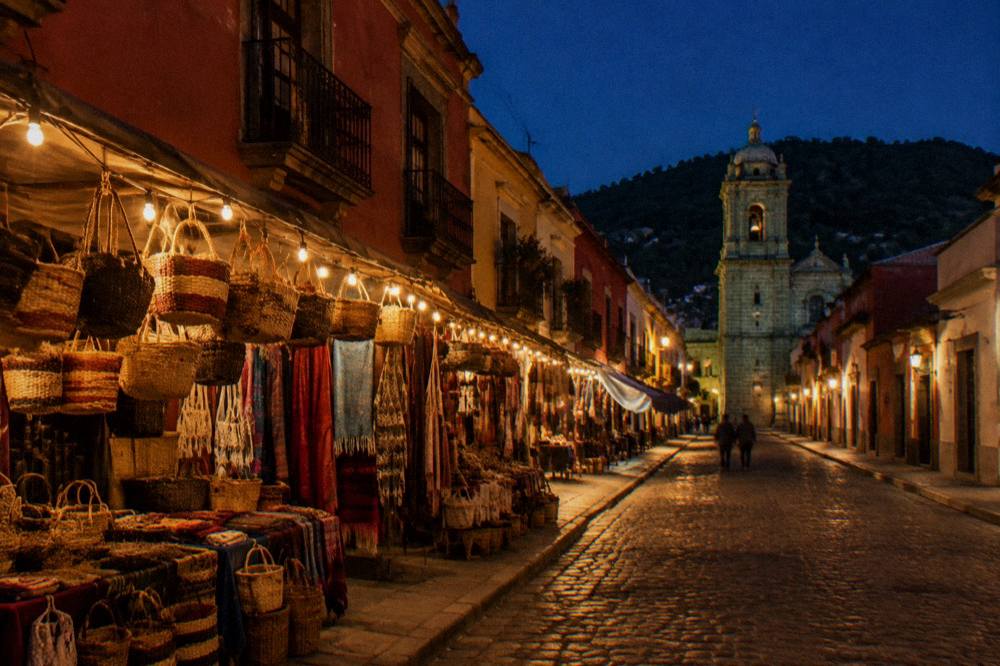 Wide view of a market aisle with hanging woven baskets and cloth goods under string lights in Oaxaca