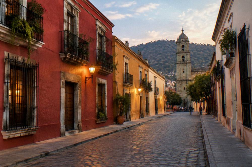 An evening street in Oaxaca City with warm light on building facades