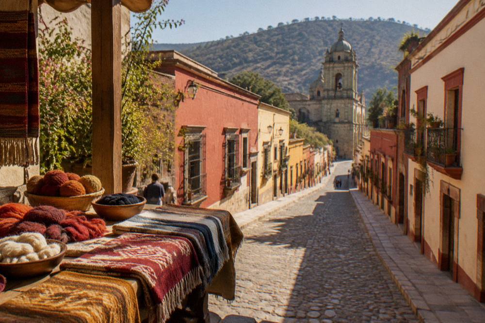A workshop table with woven textiles and dyed wool in a craft village near Oaxaca