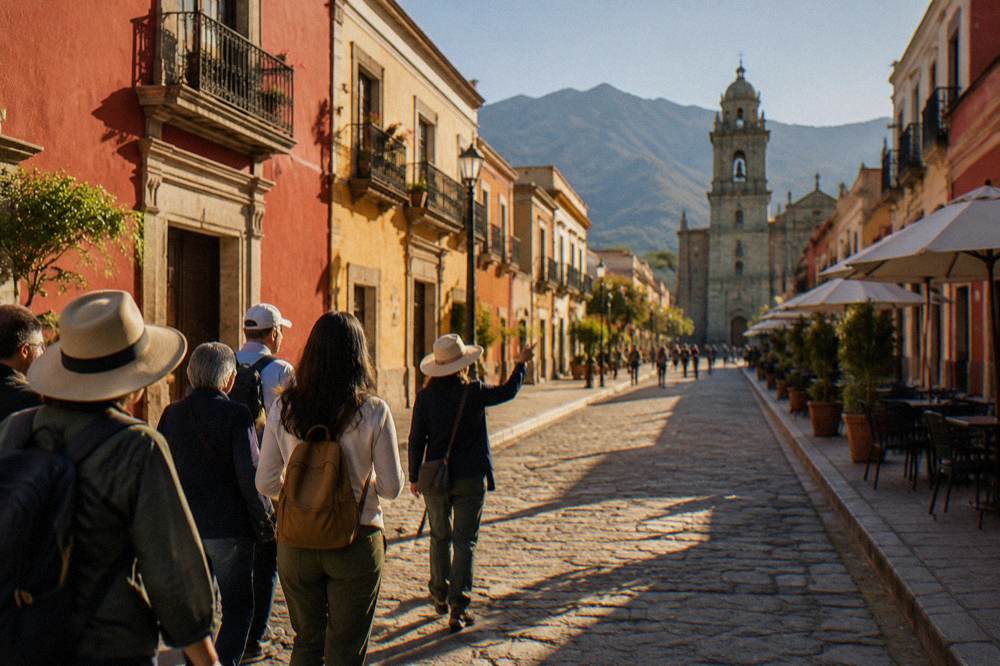 A guided walking group standing on a pedestrian street in central Oaxaca