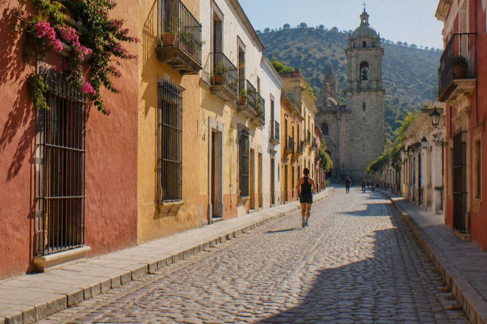 An evening street in Oaxaca City with warm light on old walls