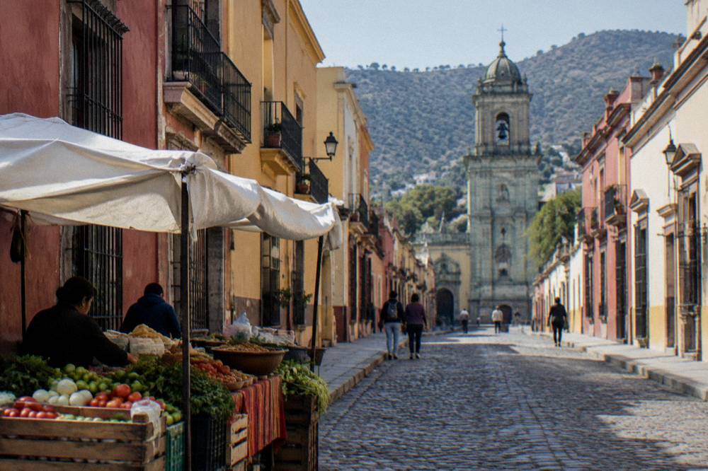 A market stall with fresh produce and prepared food in Oaxaca City